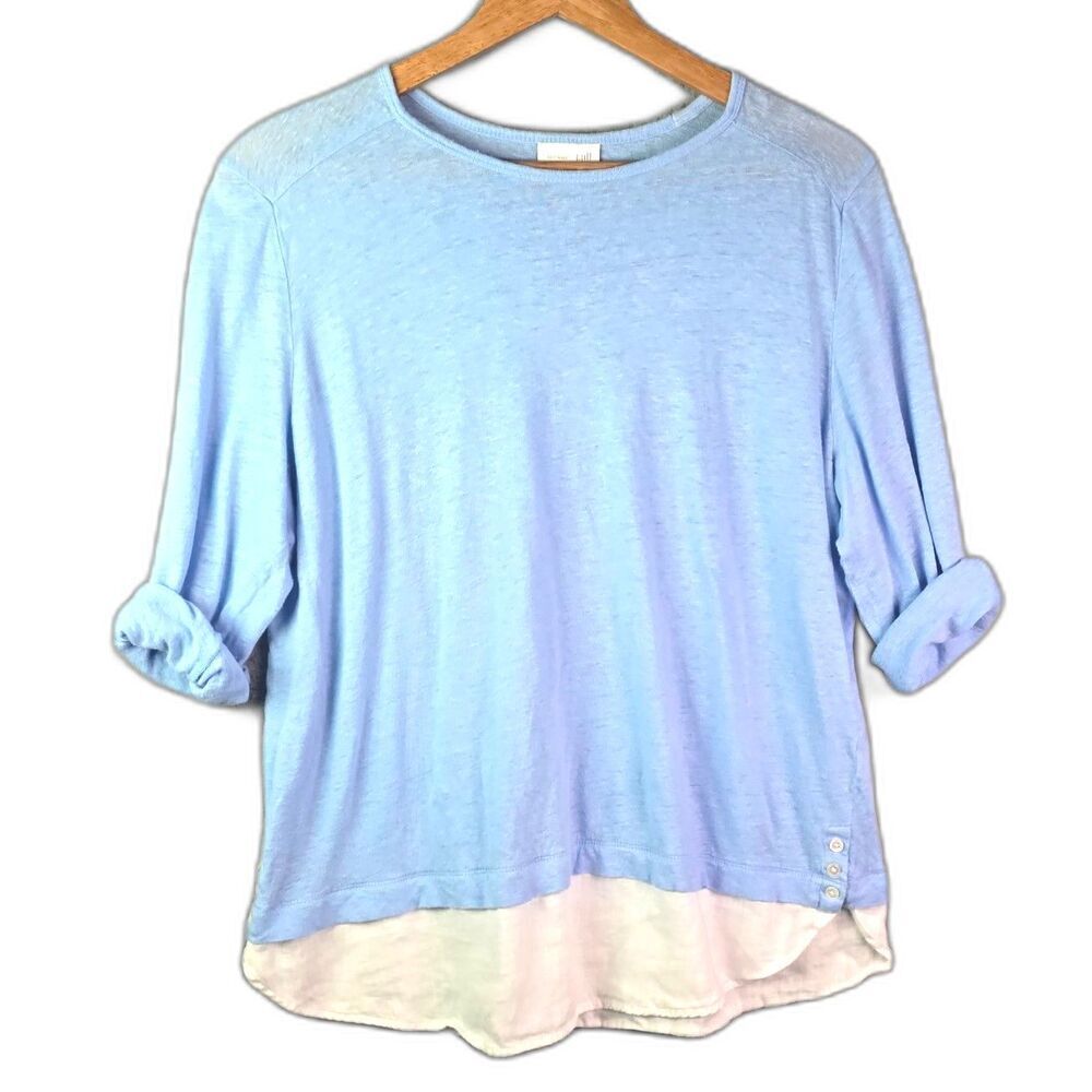 J Jill Love Linen Top Sky Blue M Cream Contrast Hem Quiet Luxury Resort